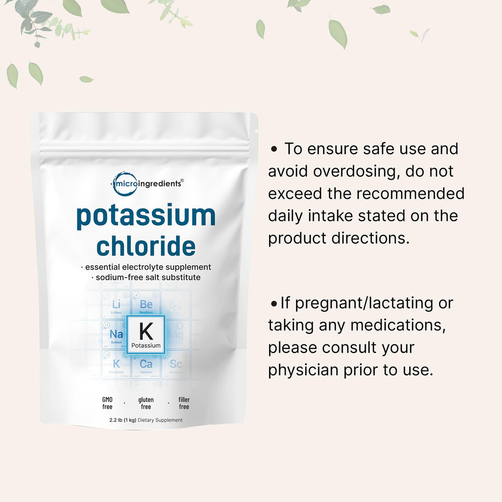 Micro Ingredients potassium chloride powder next to a glass of juice for easy hydration.