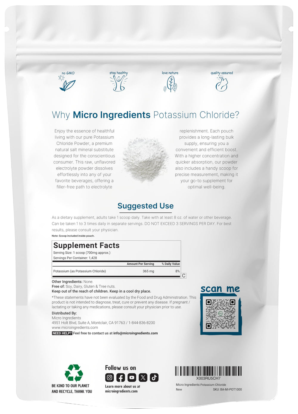 Micro Ingredients potassium chloride powder with scoop for precise measurement.