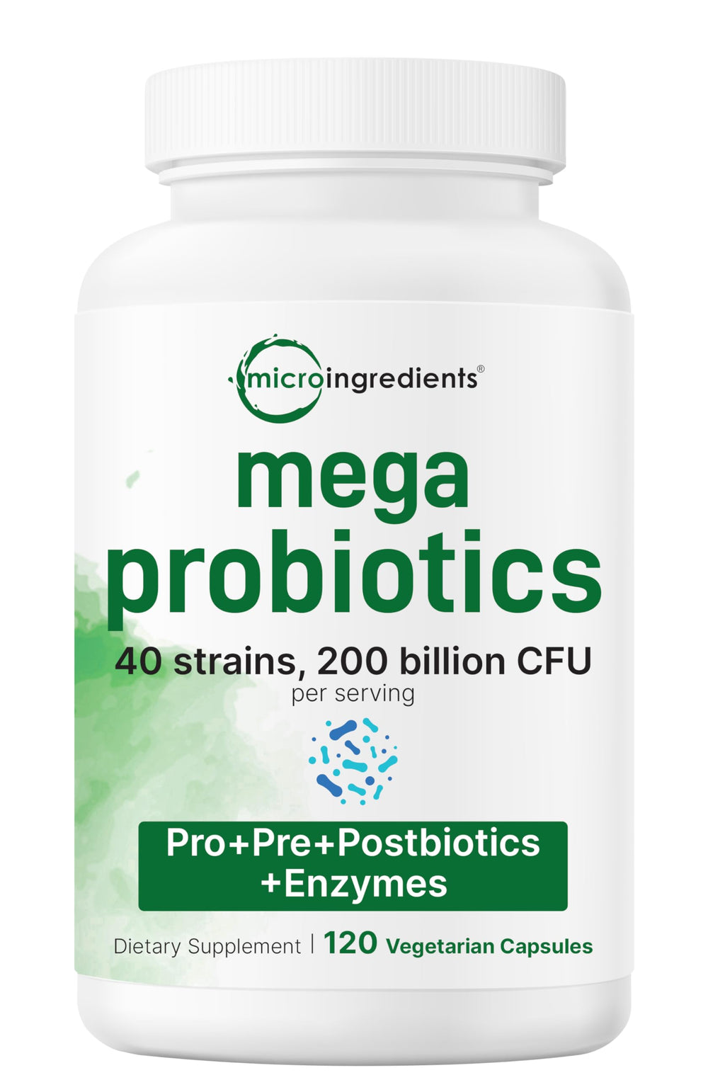 Micro Ingredients Probiotics bottle front label shows potency for daily digestion.