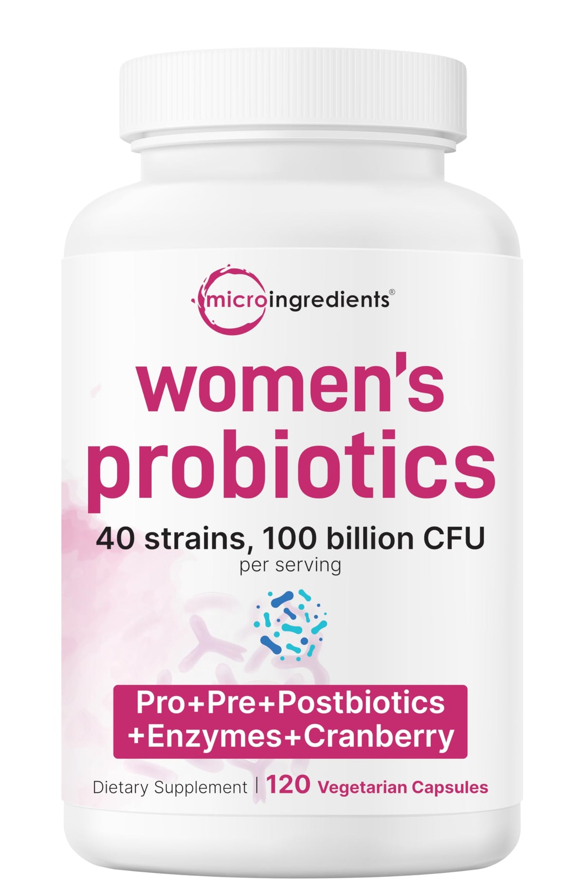 Micro Ingredients Probiotics for Women bottle showing 100B CFU and 40 strains for daily balance.