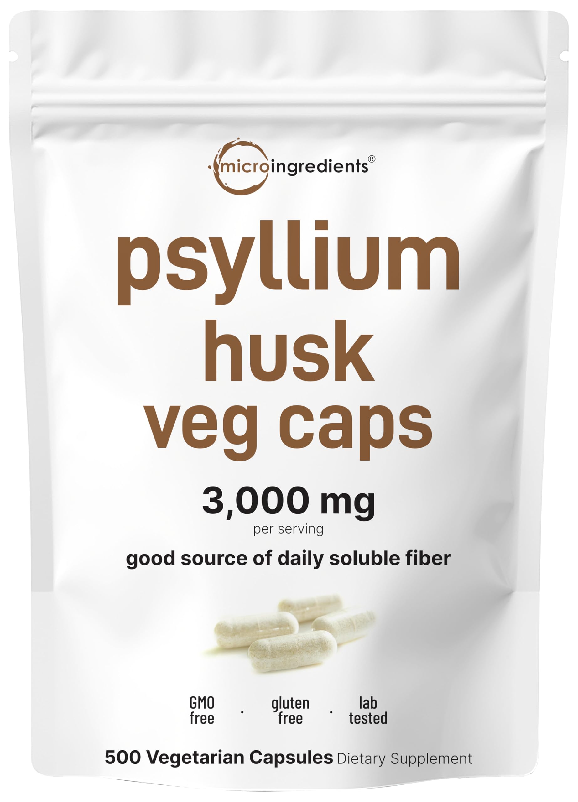 Micro Ingredients psyllium husk capsules bottle front for convenient daily fiber support.