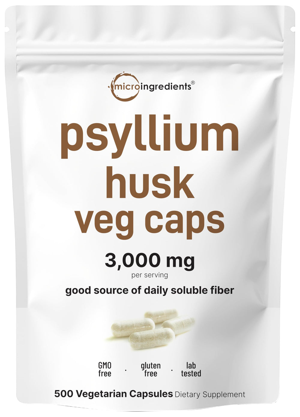 Micro Ingredients psyllium husk capsules bottle front for convenient daily fiber support.