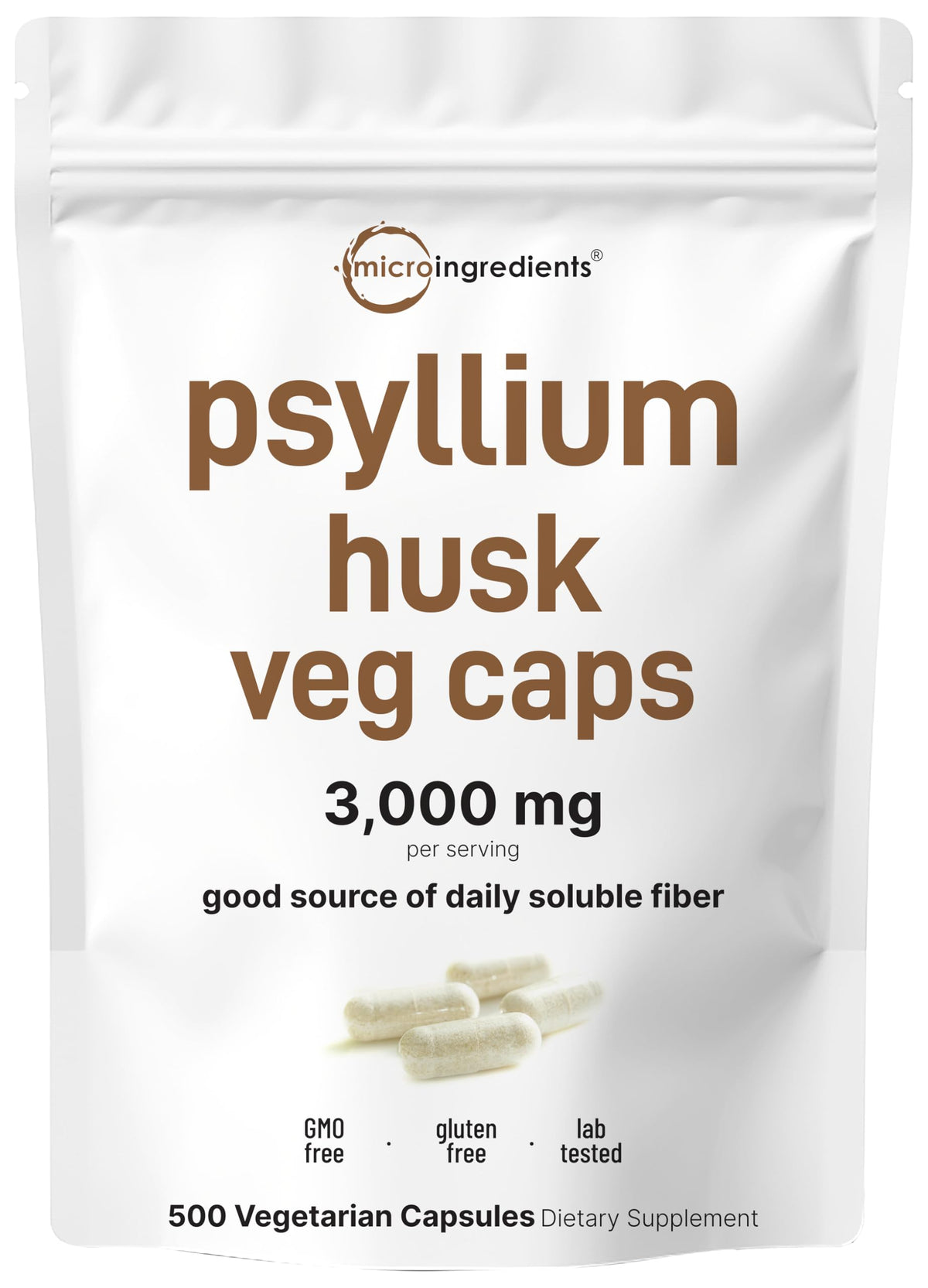 Micro Ingredients psyllium husk capsules bottle front for convenient daily fiber support.
