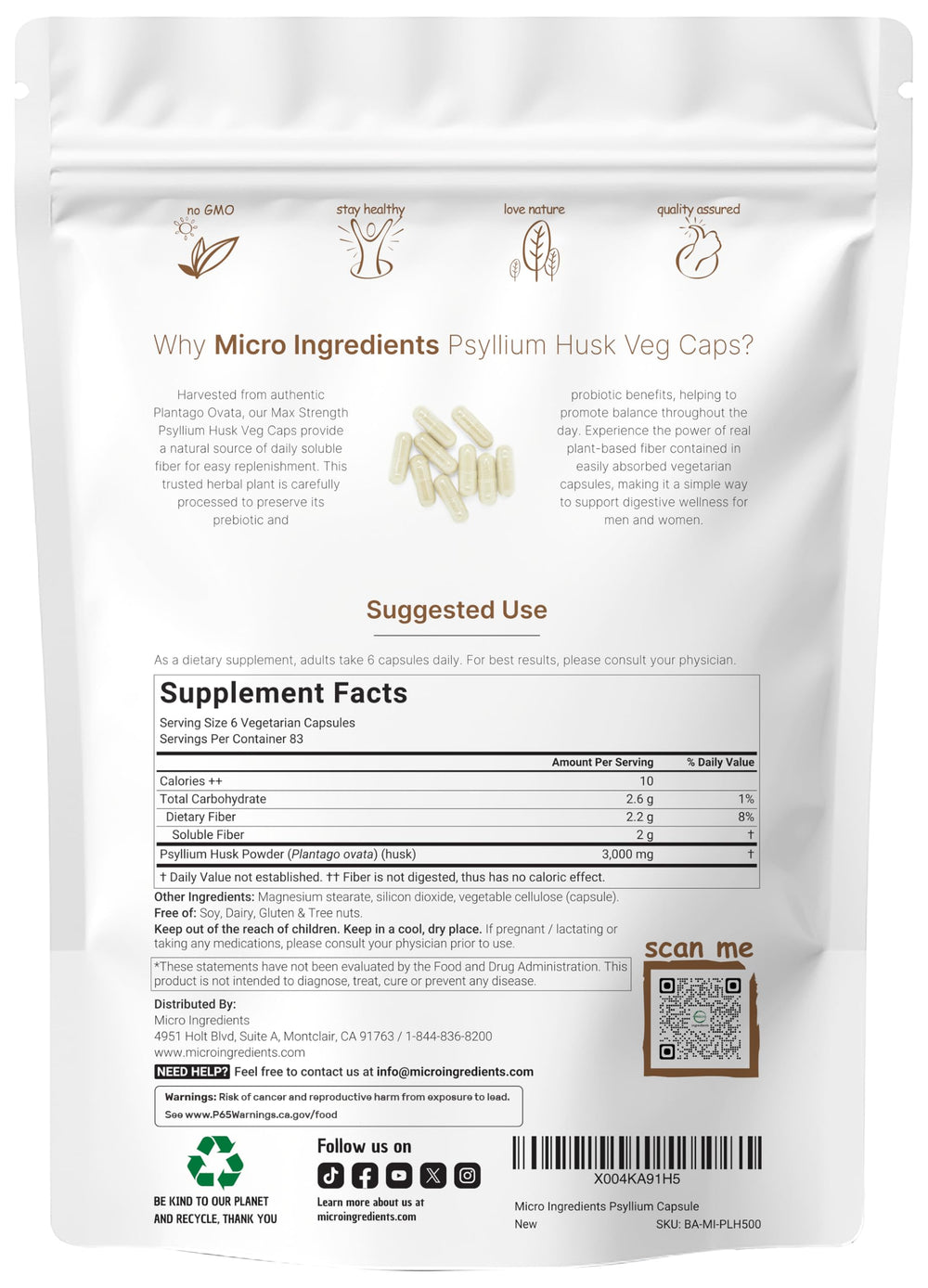 Micro Ingredients psyllium husk capsules closeup showing smooth capsules for easy daily fiber.
