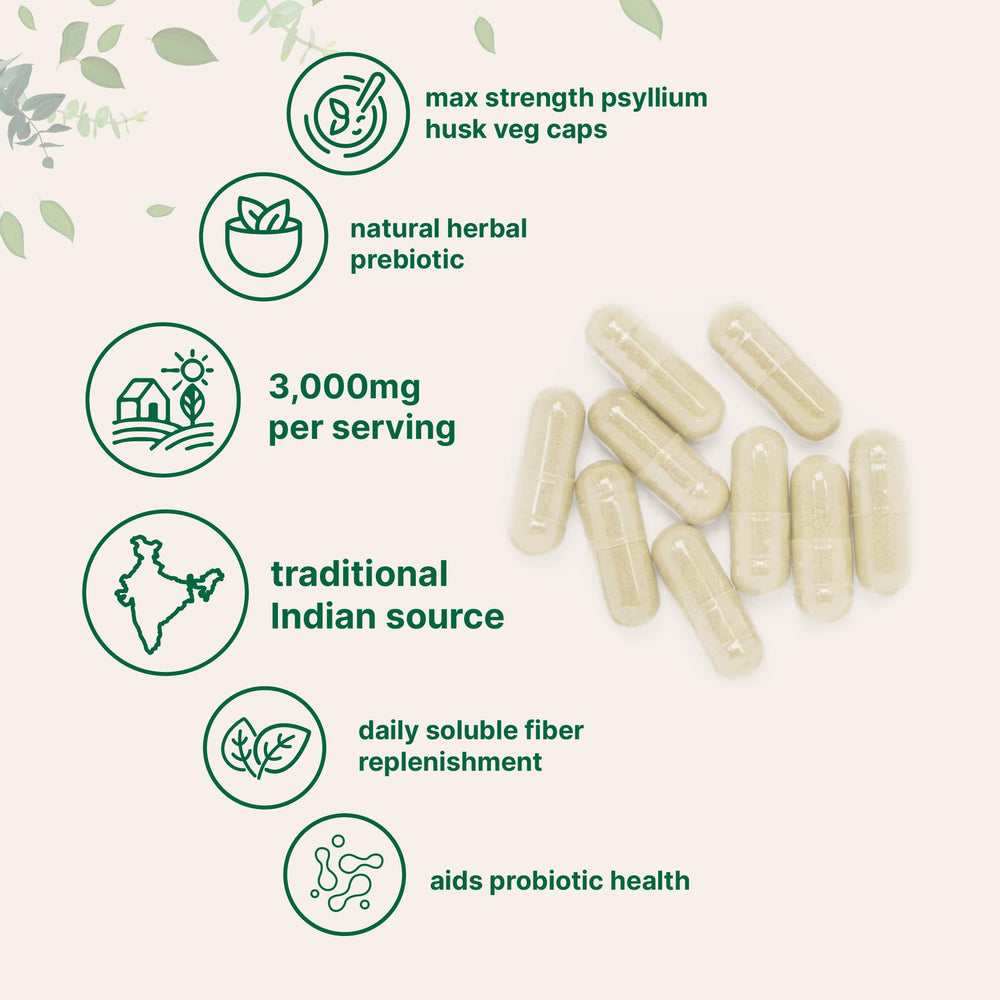 Micro Ingredients psyllium husk capsules label closeup highlighting non-GMO and allergen-free formula.