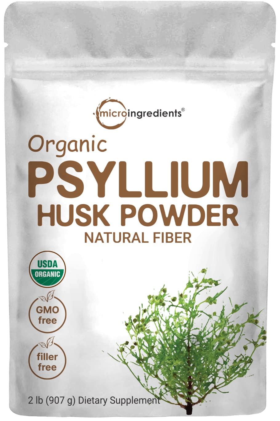 Micro Ingredients psyllium husk powder bag showing bulk daily fiber for easy use