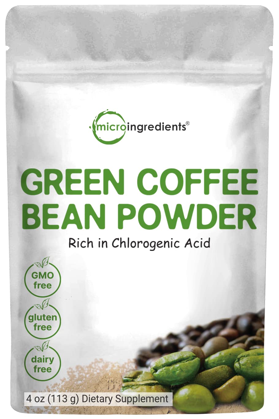 Micro Ingredients Pure Green Coffee Bean Extract bottle highlights 50% chlorogenic acid for steady energy.
