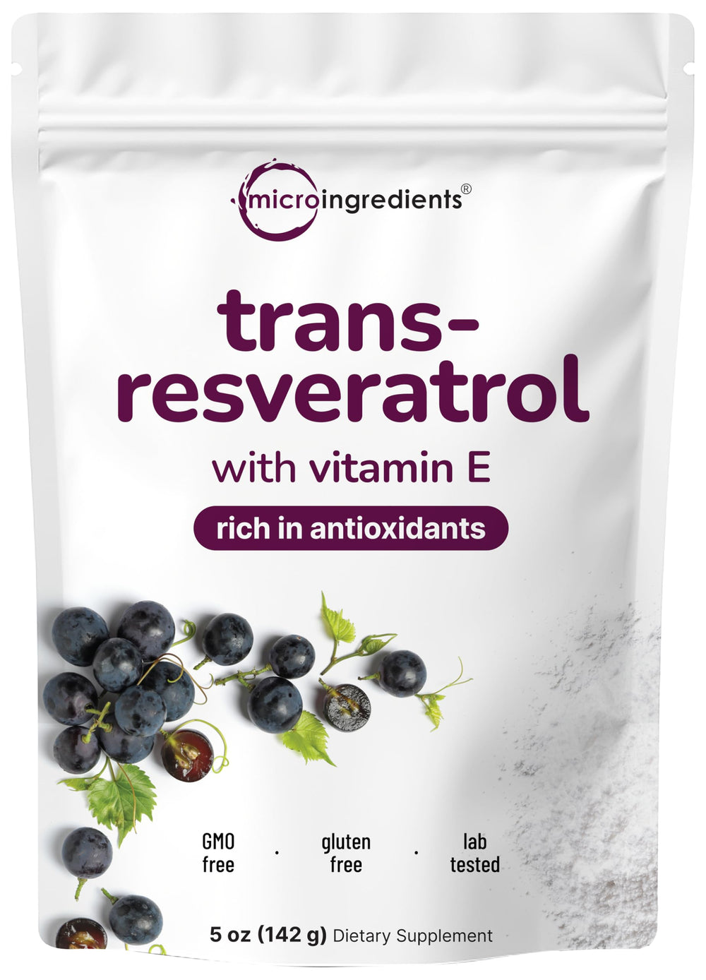 Micro Ingredients Pure Trans-Resveratrol bottle with Vitamin E, highlighting potential antioxidant benefits.