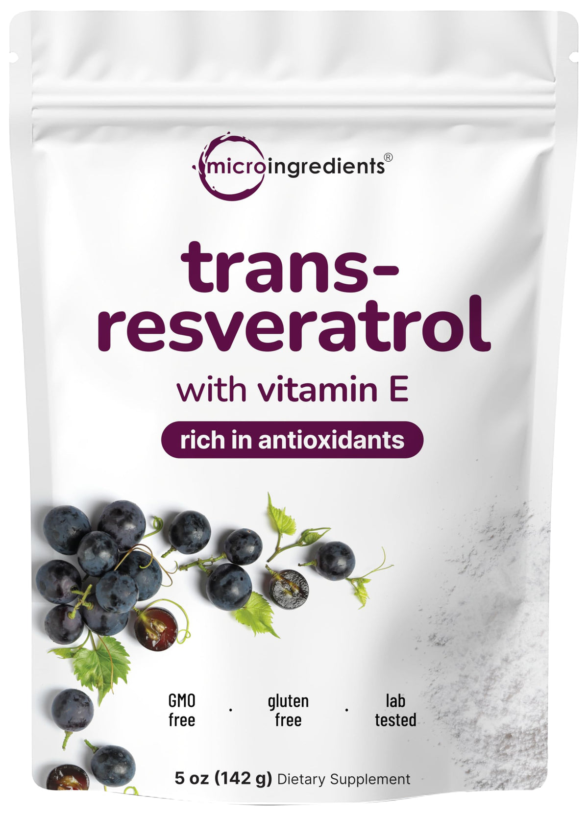 Micro Ingredients Pure Trans-Resveratrol bottle with Vitamin E, highlighting potential antioxidant benefits.