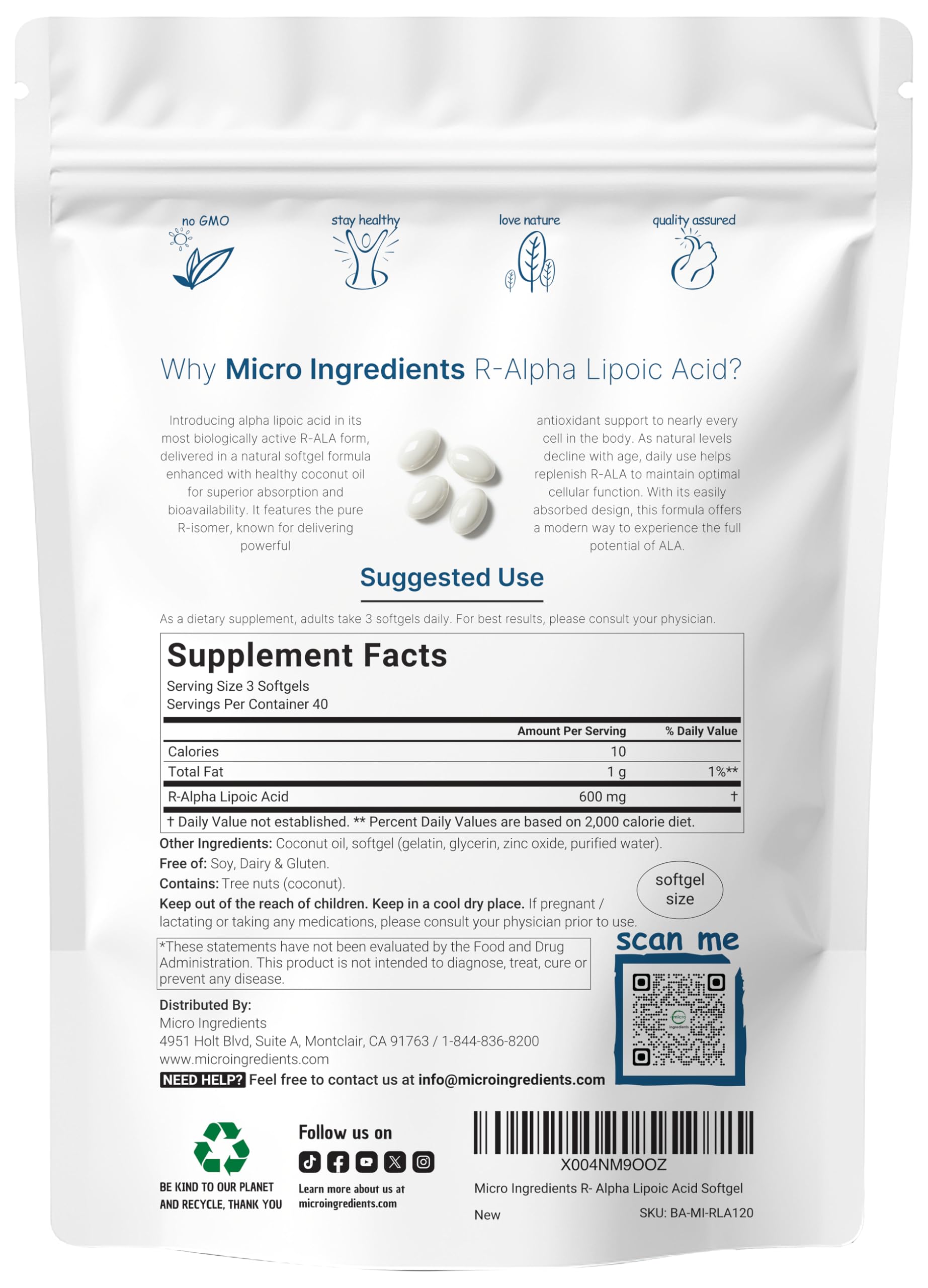 Micro Ingredients R-ALA 600mg per serving emphasizes high potency.