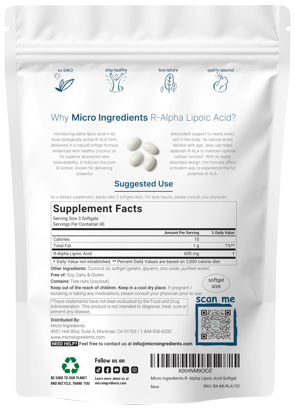 Micro Ingredients R-ALA 600mg per serving emphasizes high potency.