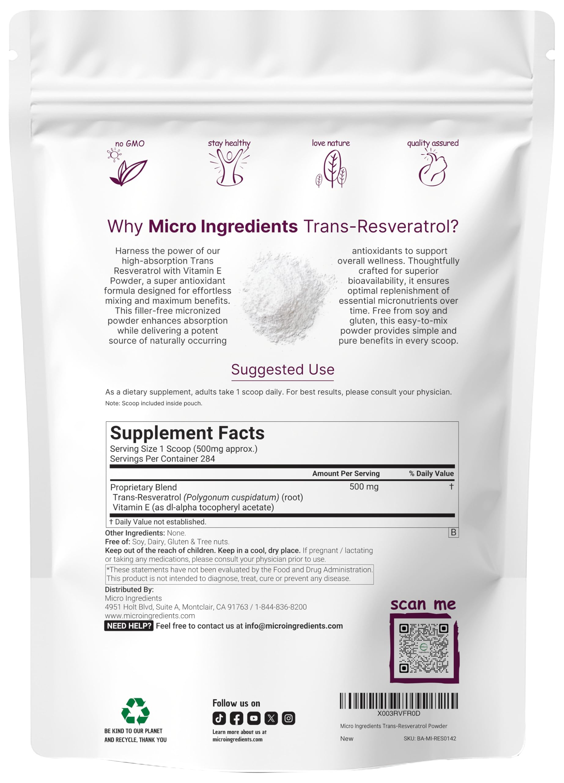 Resveratrol Vitamin E powder scoop enables easy daily supplementation.