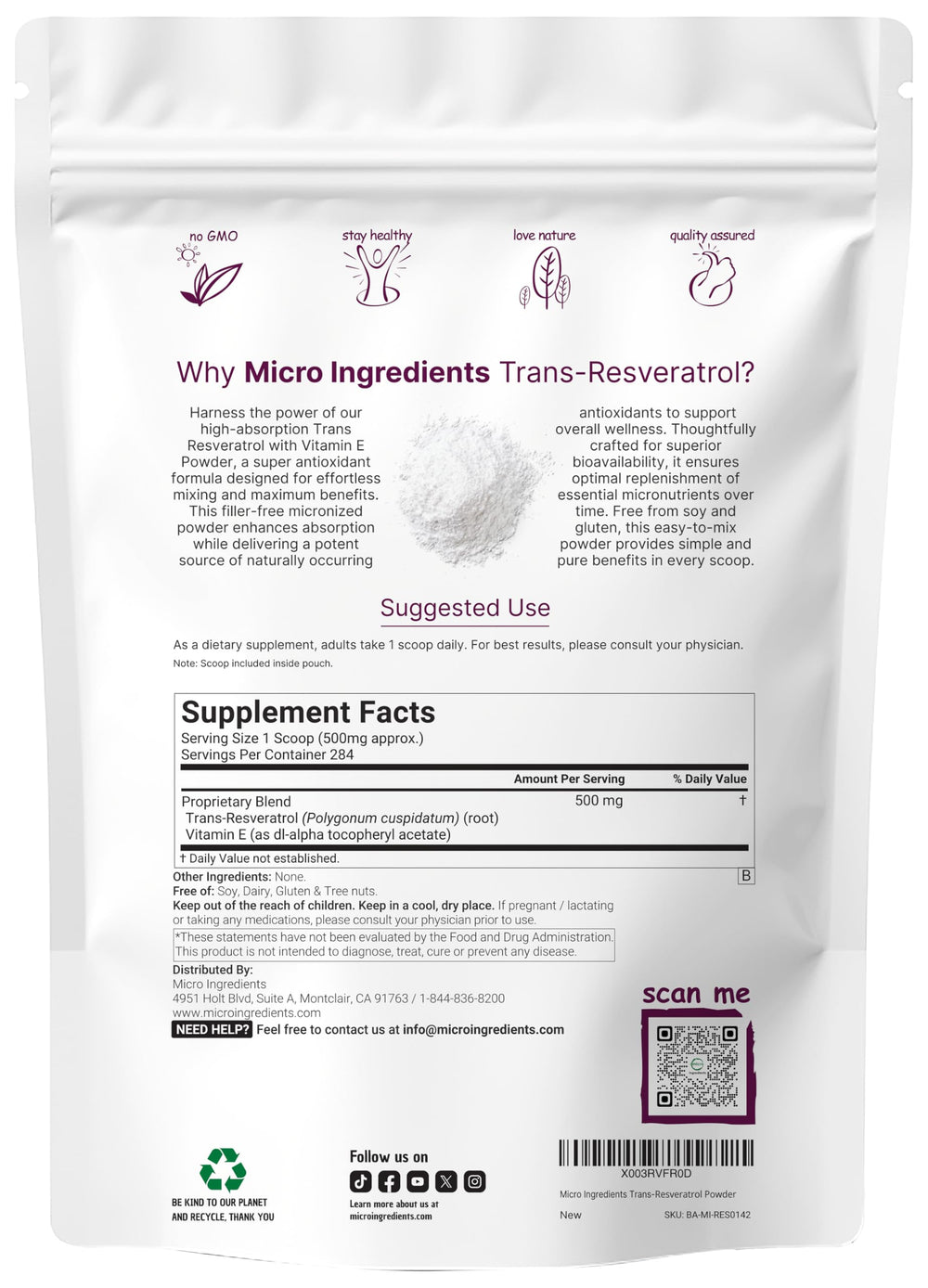 Resveratrol Vitamin E powder scoop enables easy daily supplementation.