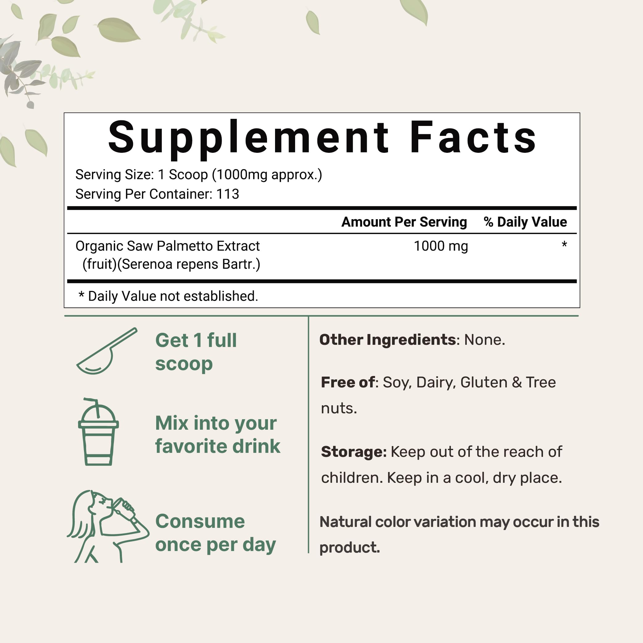 Micro Ingredients saw palmetto powder scoop in pack highlights measured dosing for consistent intake.