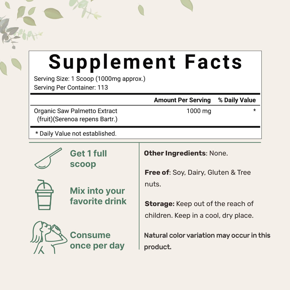 Micro Ingredients saw palmetto powder scoop in pack highlights measured dosing for consistent intake.