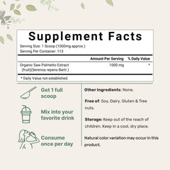 Micro Ingredients saw palmetto powder scoop in pack highlights measured dosing for consistent intake.