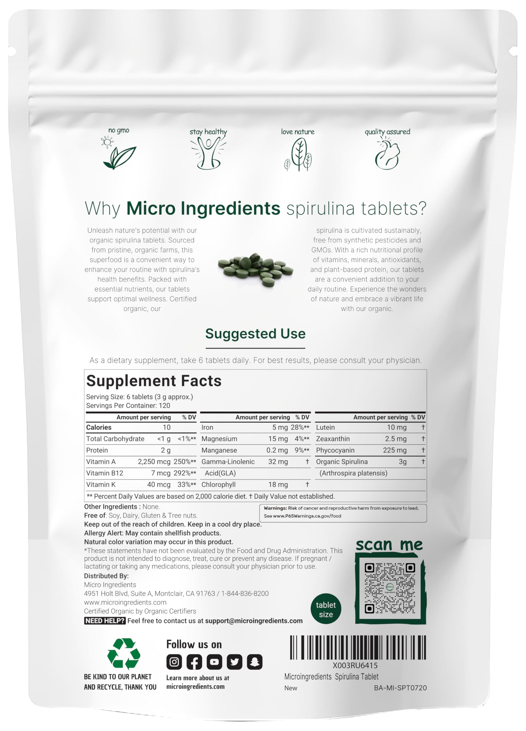 Micro Ingredients spirulina bottle close-up highlighting 720-count supply for four months.