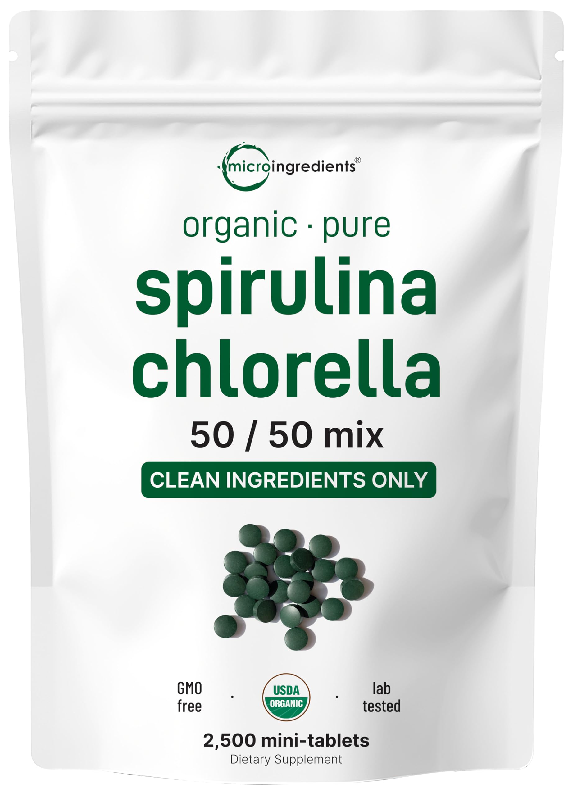 Micro Ingredients spirulina chlorella mini tablets in a bottle for daily nutrition