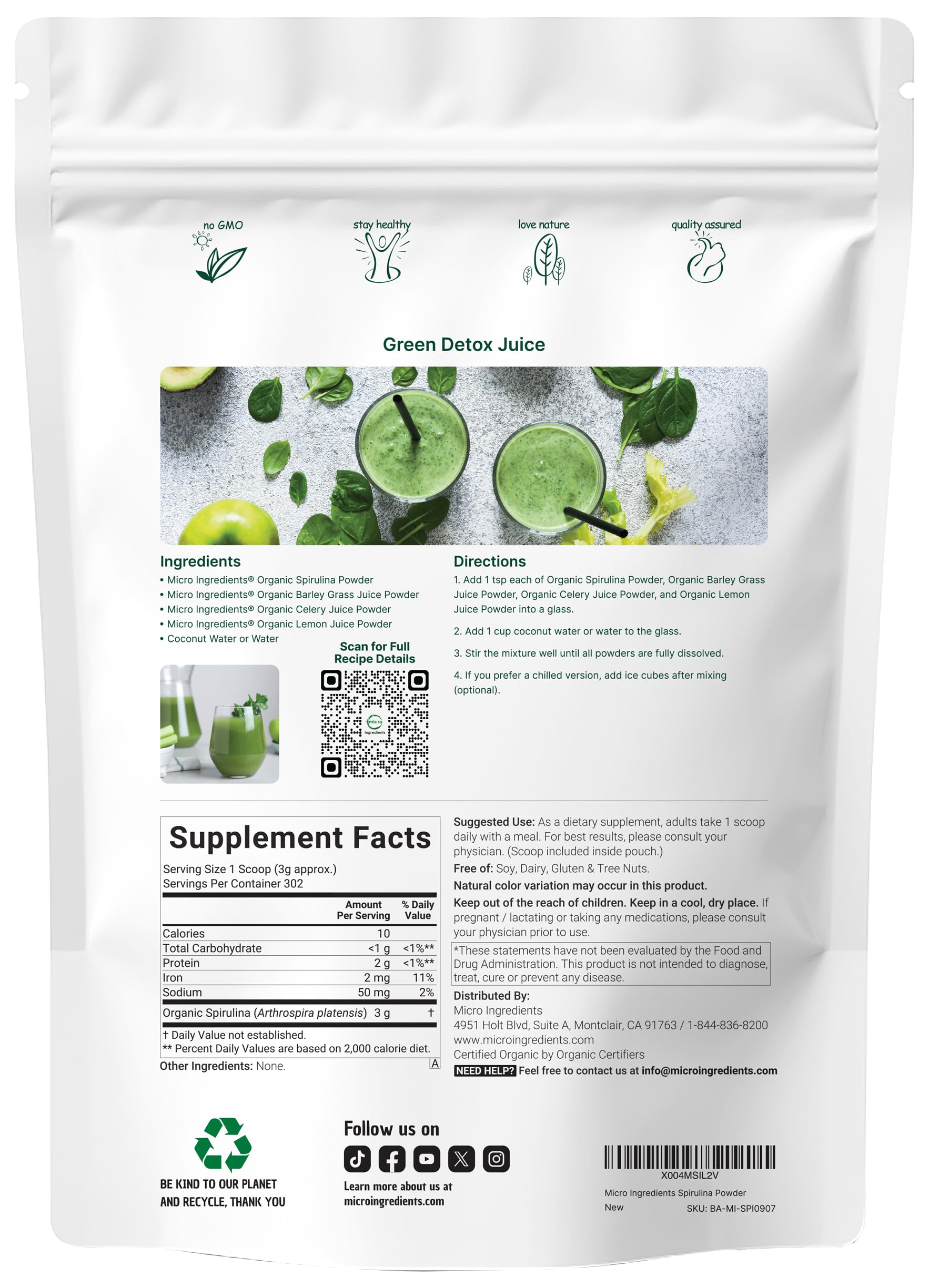 Micro Ingredients spirulina powder 2lb bulk pack, convenient for daily use