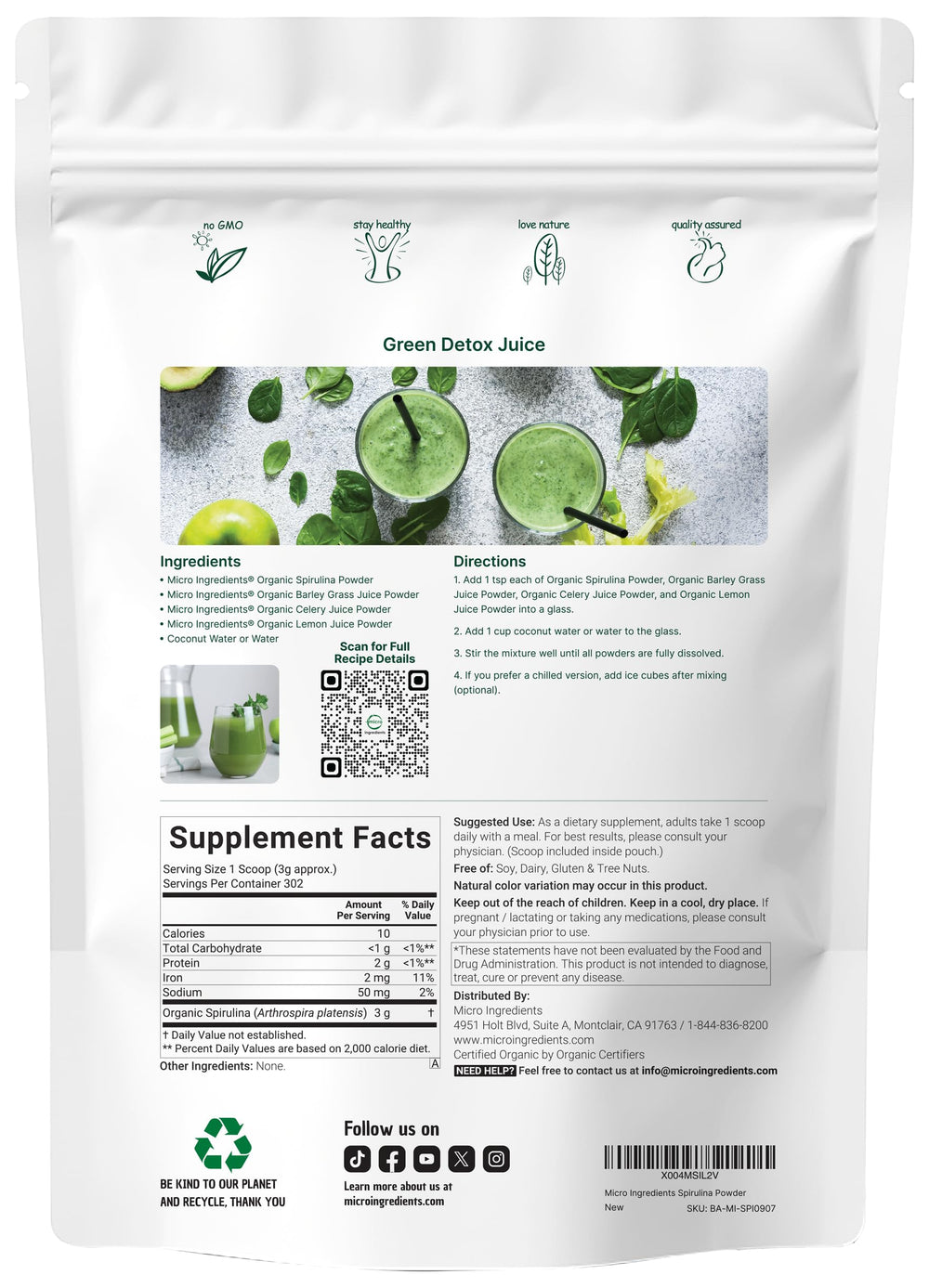 Micro Ingredients spirulina powder 2lb bulk pack, convenient for daily use