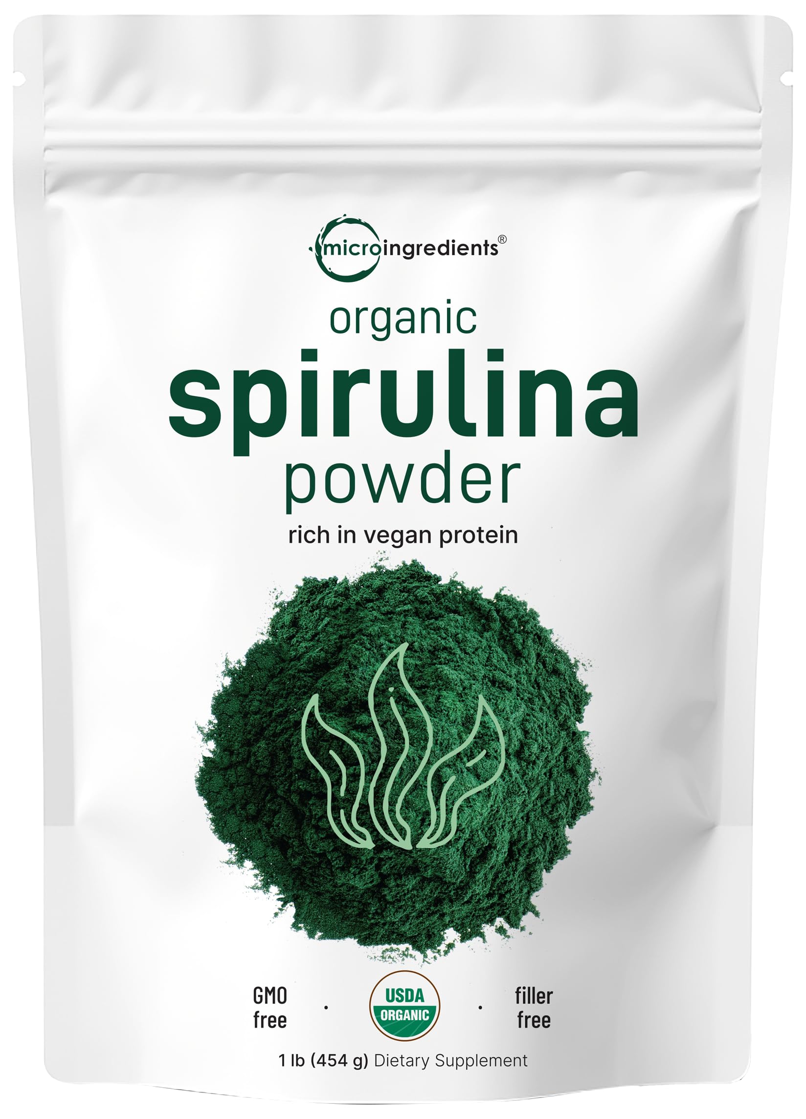 Micro Ingredients spirulina powder bottle shows vibrant green powder for daily vegan protein.