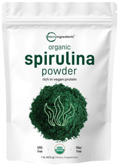 Micro Ingredients spirulina powder bottle shows vibrant green powder for daily vegan protein.