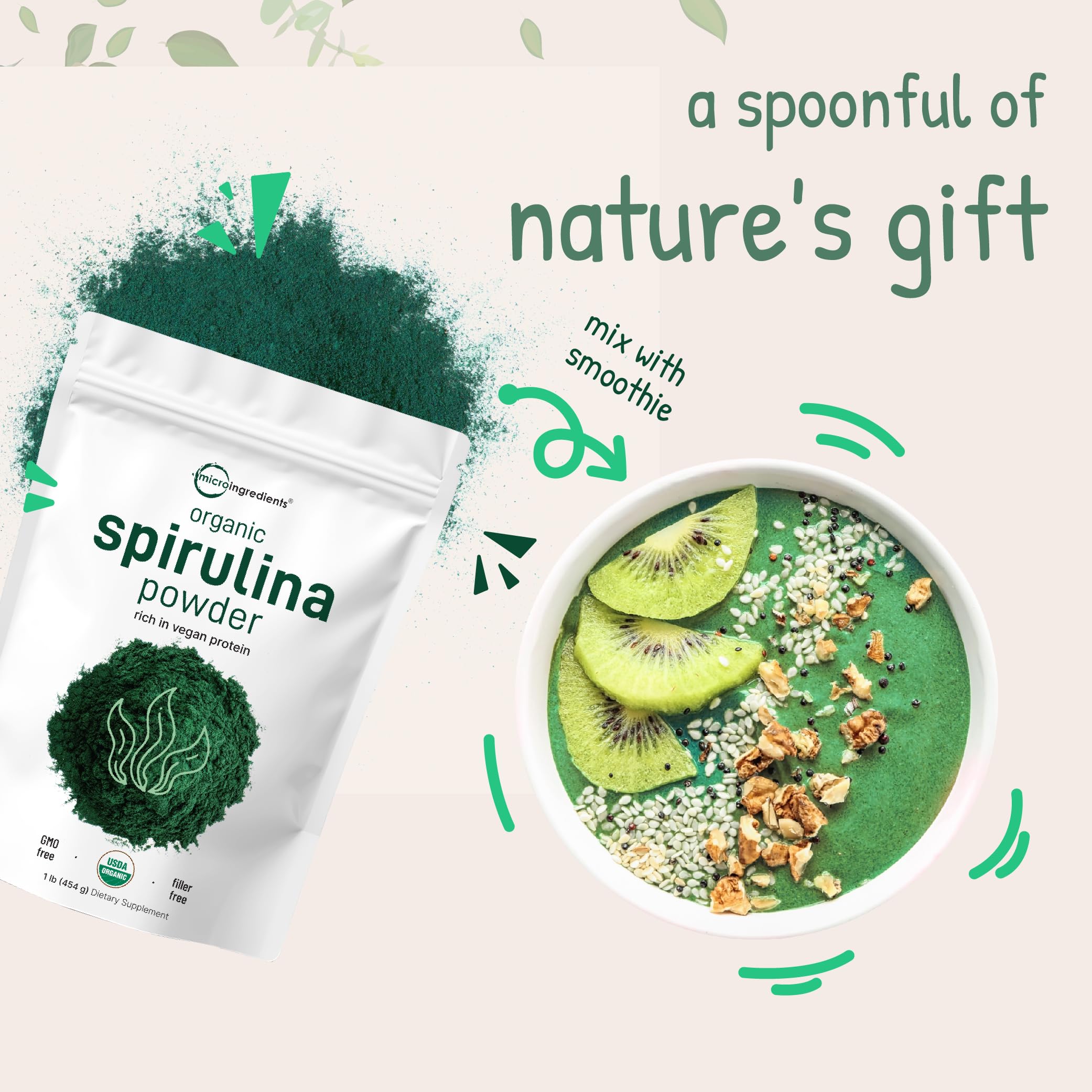 Micro Ingredients spirulina powder close-up reveals vivid emerald texture.