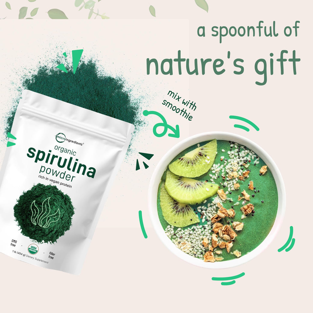Micro Ingredients spirulina powder close-up reveals vivid emerald texture.