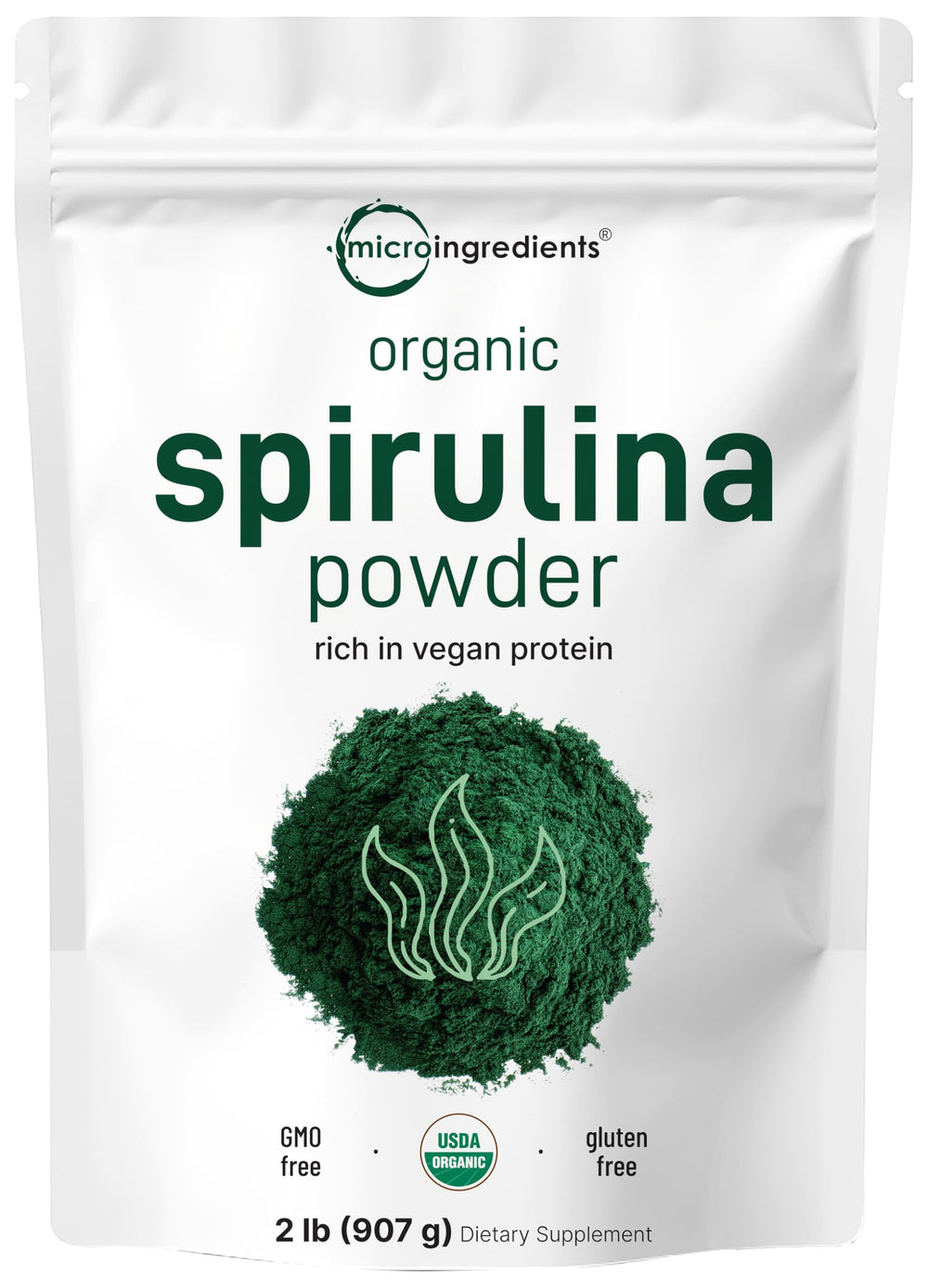 Micro Ingredients spirulina powder organic pouch displaying vibrant green color, ideal for vegan protein