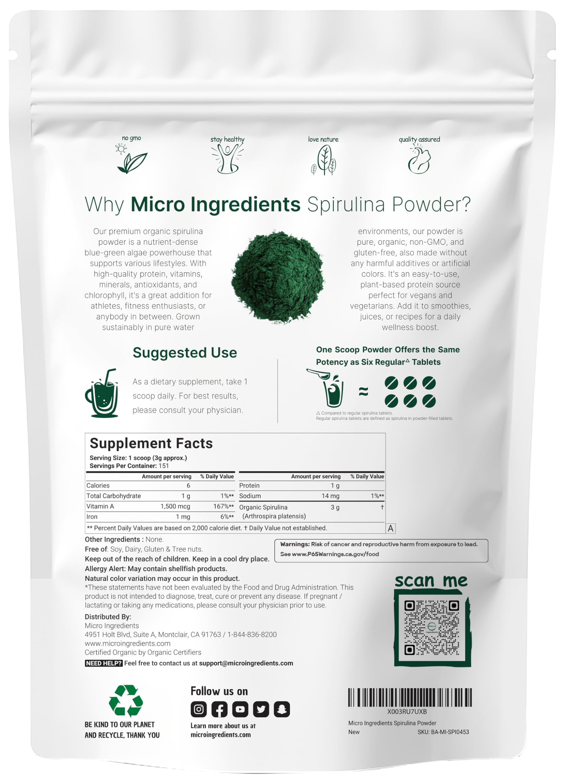 Micro Ingredients spirulina powder scoop enables easy daily serving.