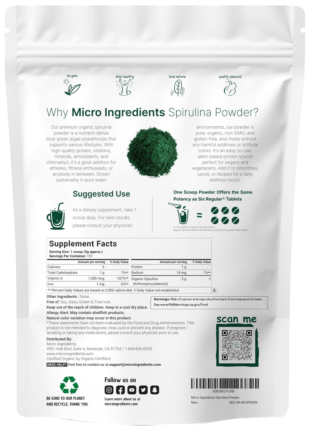 Micro Ingredients spirulina powder scoop enables easy daily serving.