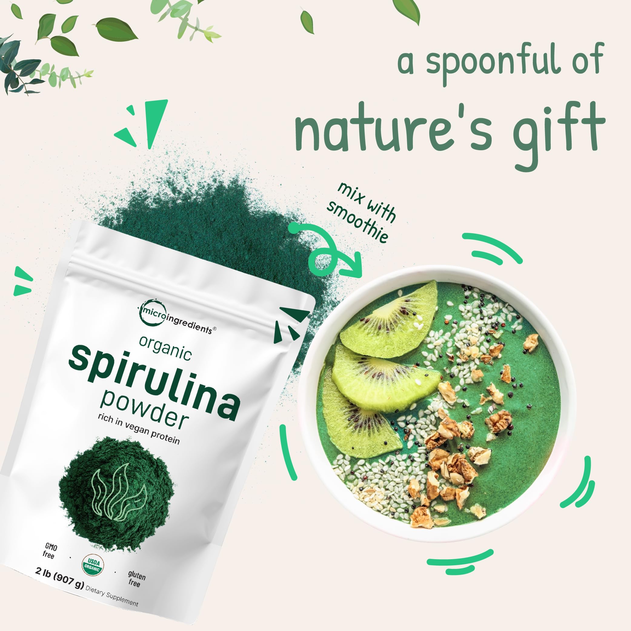 Micro Ingredients spirulina powder being blended into a shake for protein boost