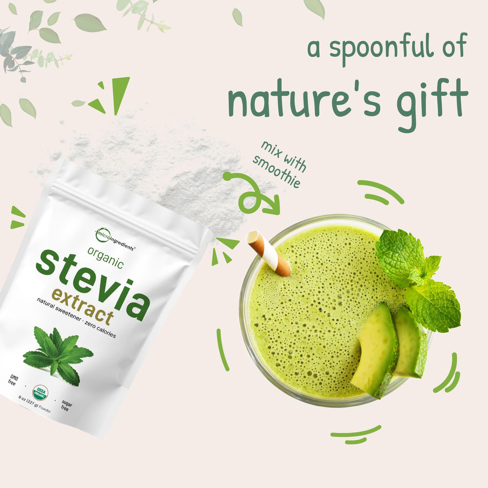 Micro Ingredients Stevia Powder packaging emphasizing zero calories and natural sweetness