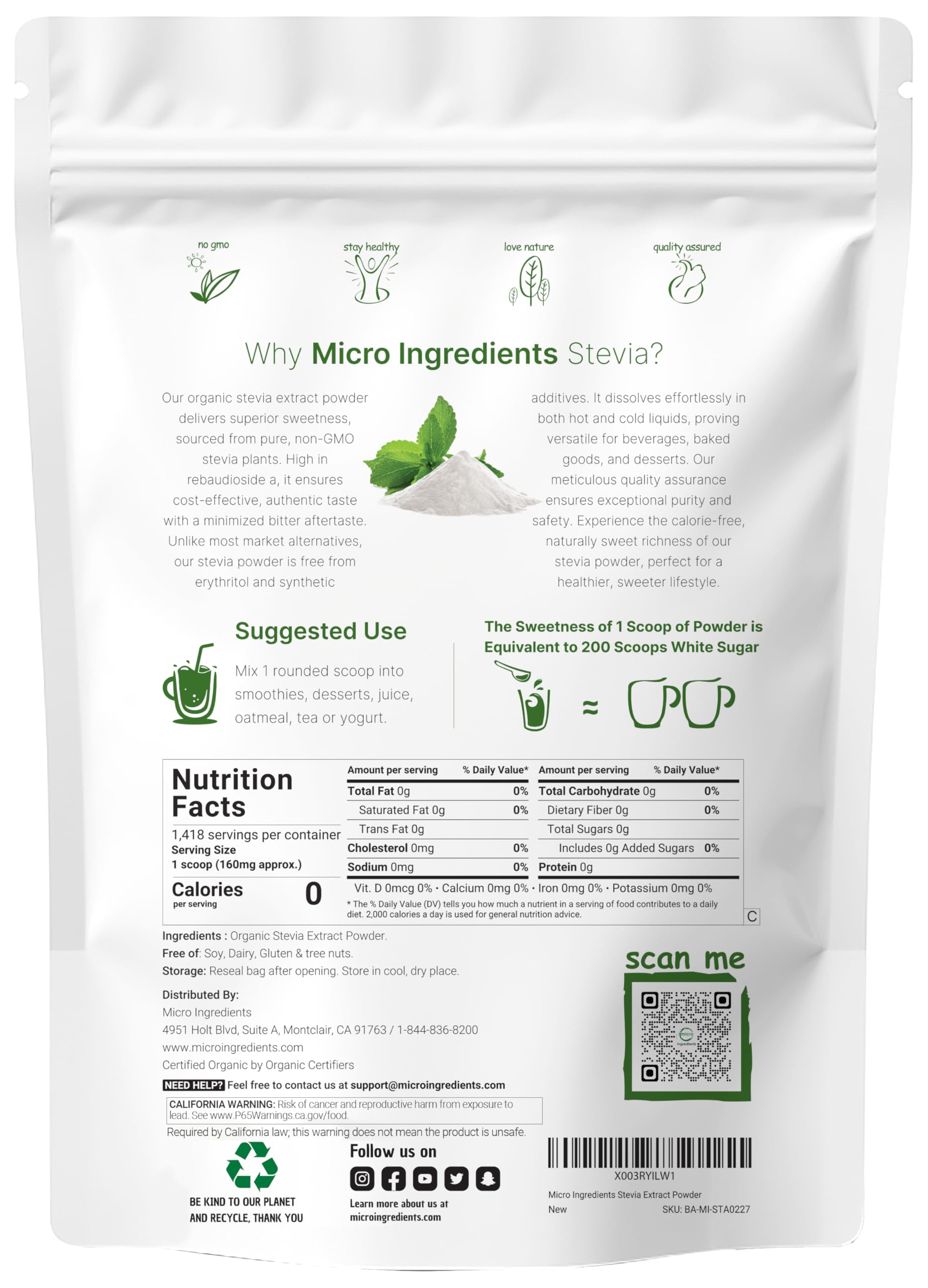 Micro Ingredients Stevia Powder with scoop for precise portions in baking