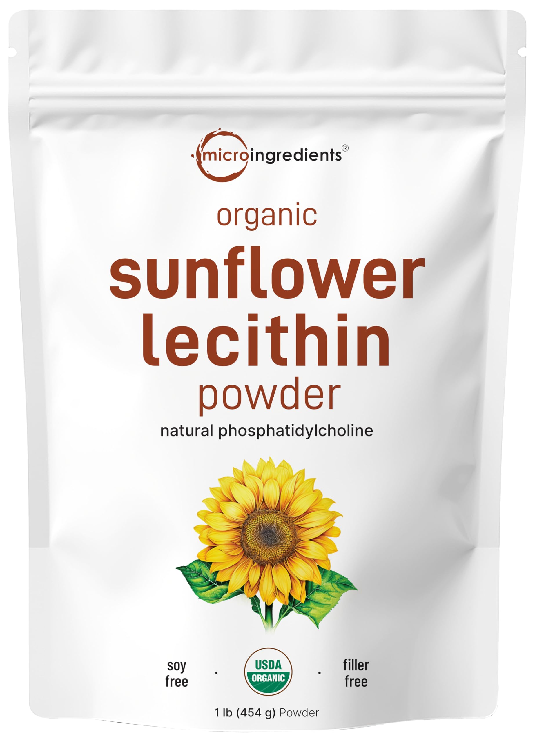 Micro Ingredients Organic Sunflower Lecithin Powder 1 lb packaging highlights sustainable farming.