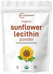 Micro Ingredients Organic Sunflower Lecithin Powder 1 lb packaging highlights sustainable farming.
