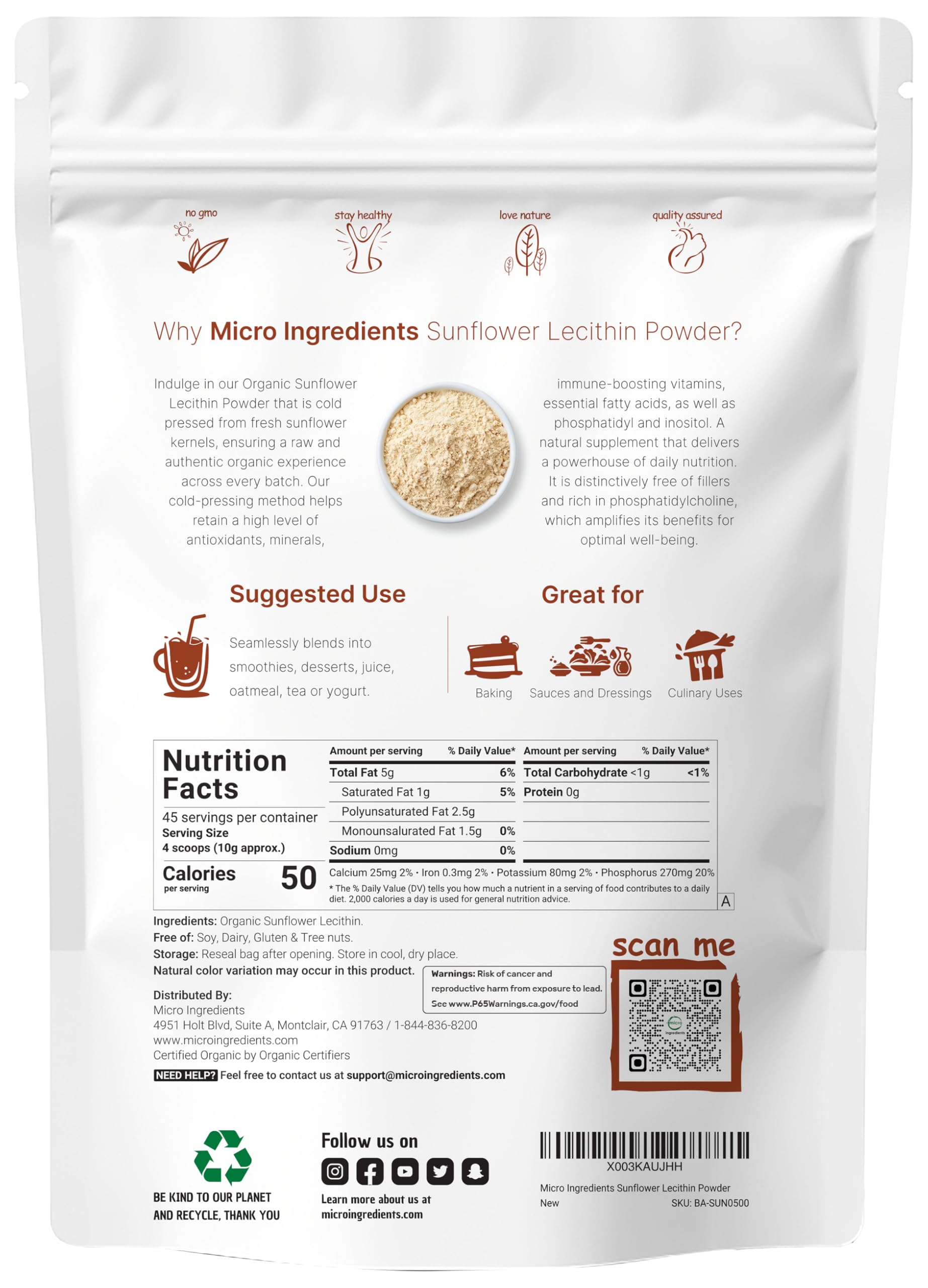 Scoop included for exact daily servings of Micro Ingredients lecithin powder.