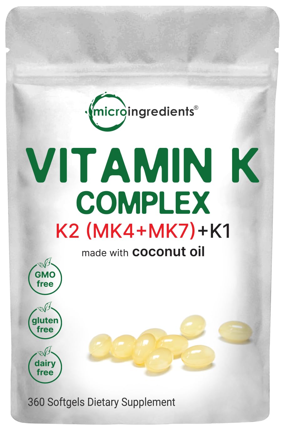 Micro Ingredients Super Vitamin K Complex bottle with softgels for easy daily calcium support.
