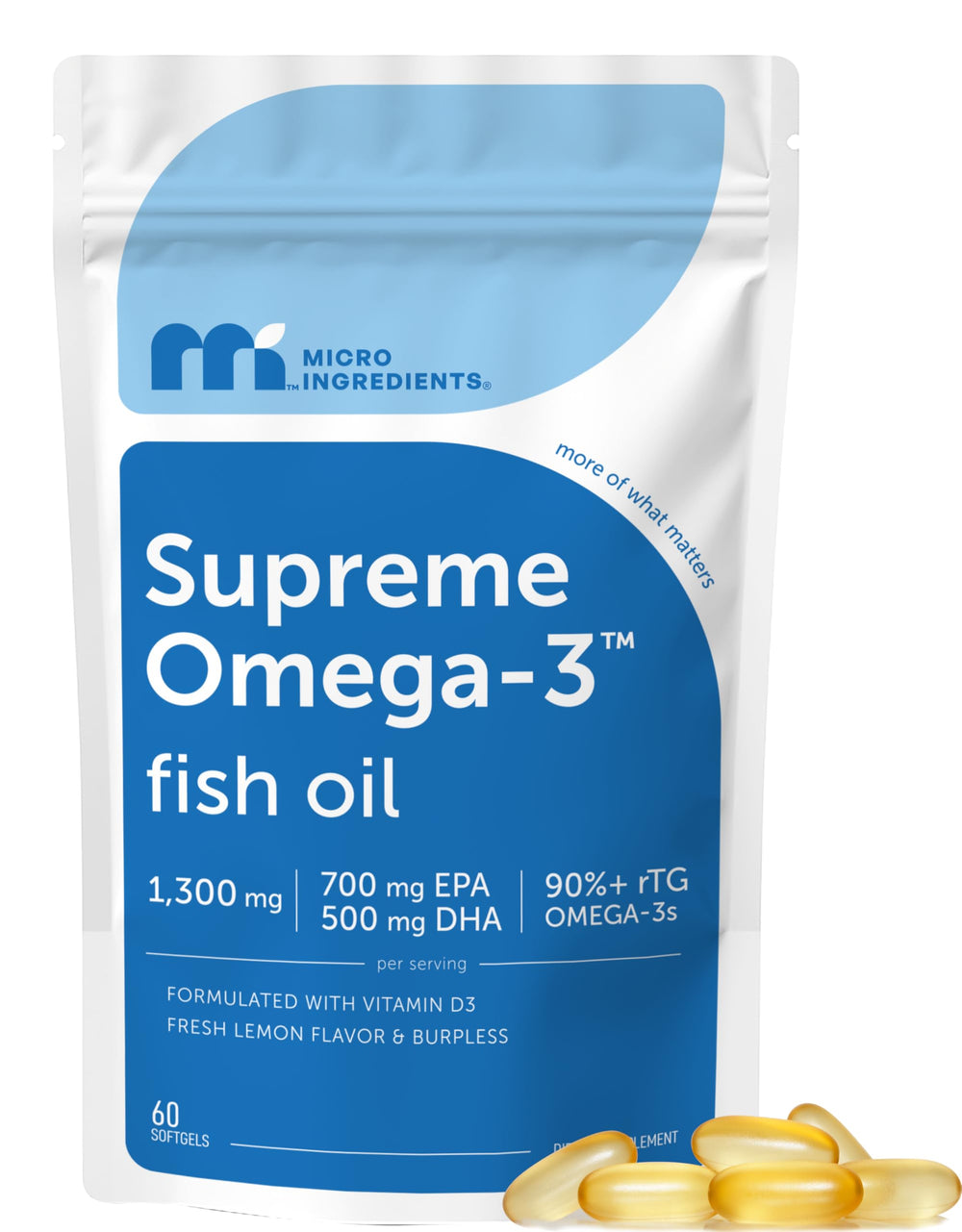 Micro Ingredients Supreme Omega-3 softgels bottle for easy daily supplementation