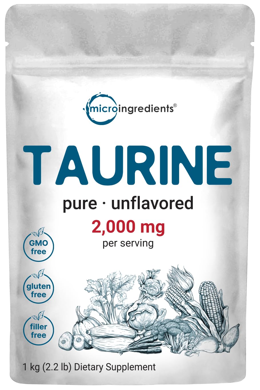 Micro Ingredients Taurine powder bottle, unflavored and easy to blend into drinks.