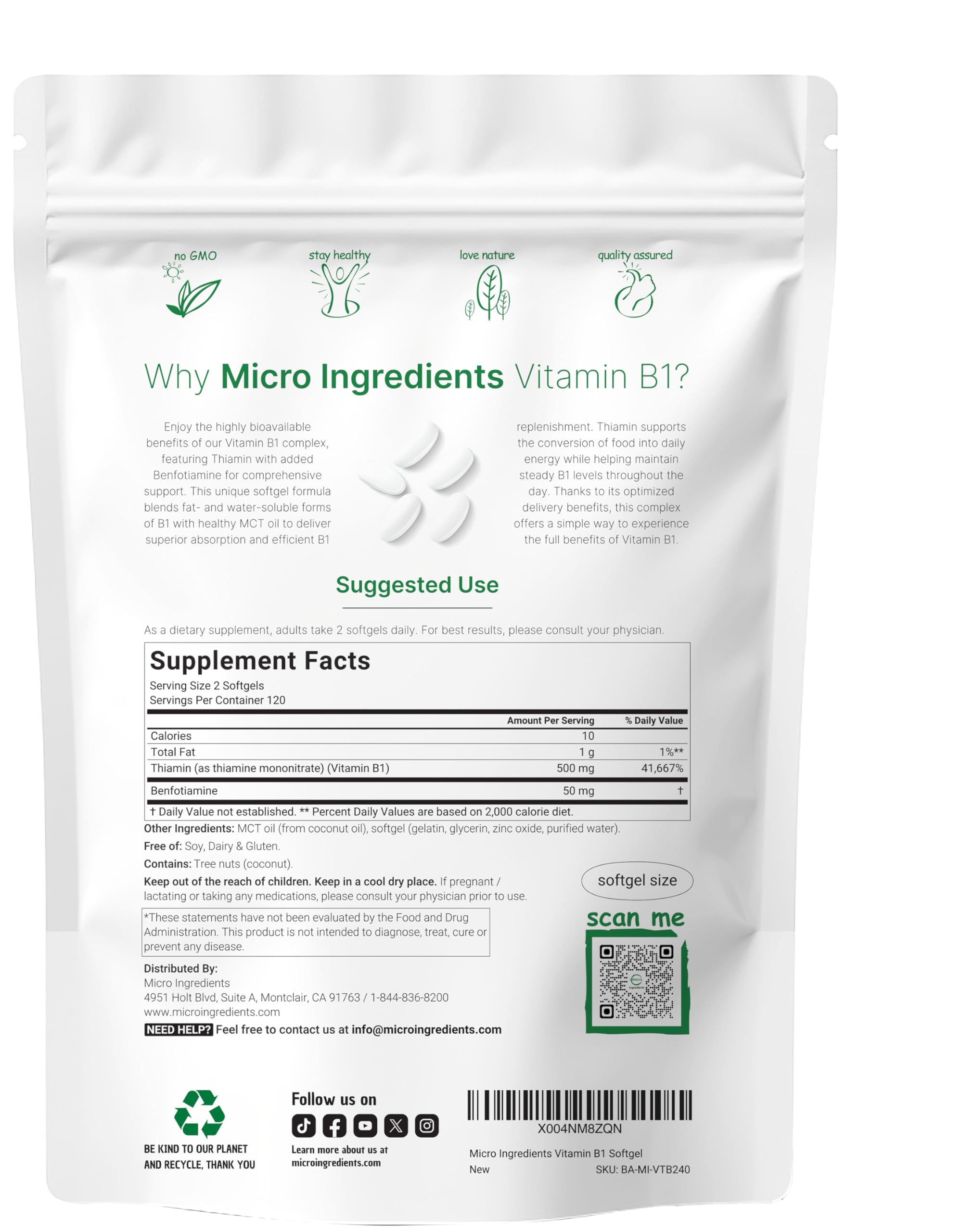 Micro Ingredients thiamine 500mg benfotiamine softgels with MCT oil for absorption.