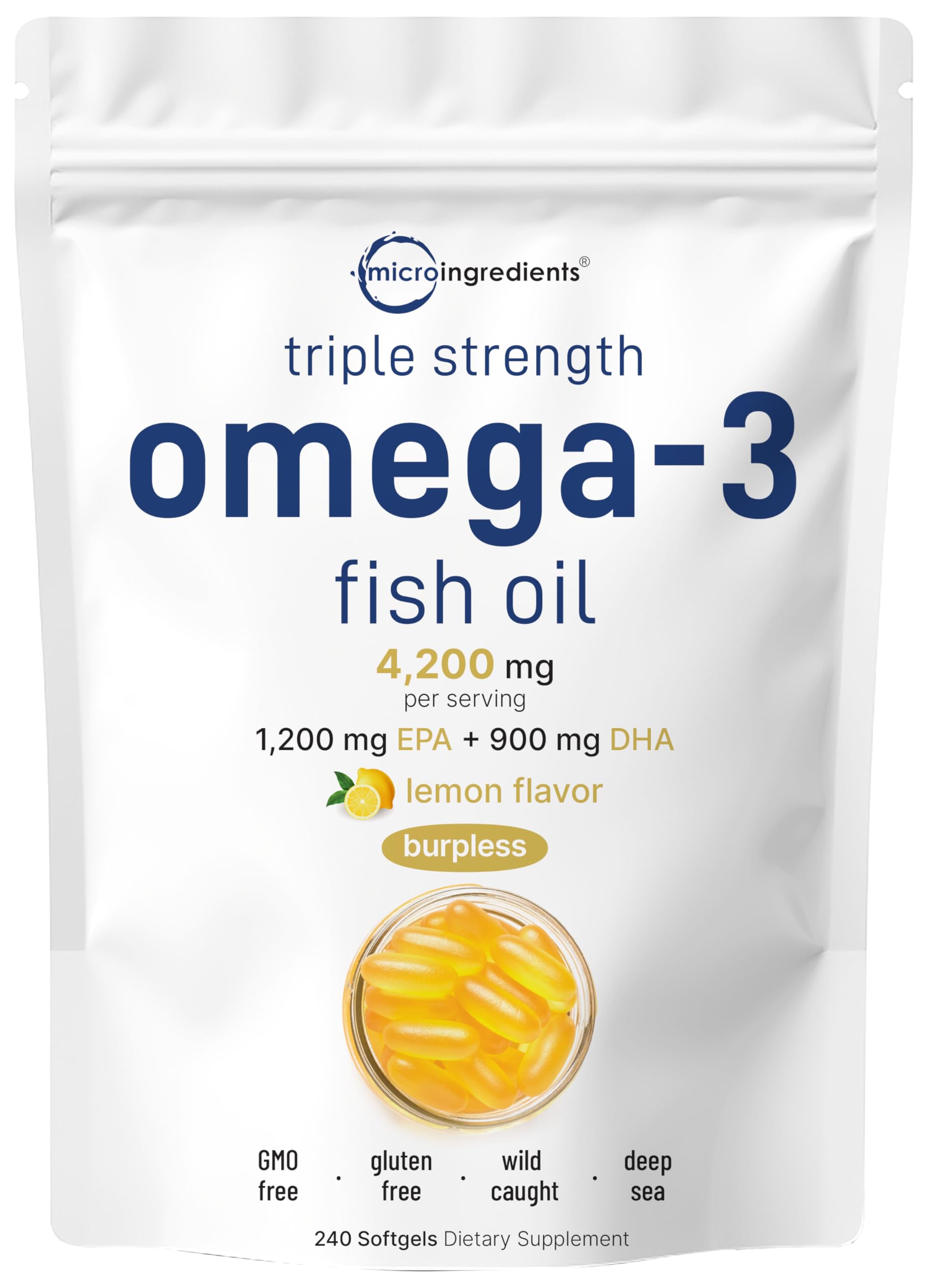 Micro Ingredients triple-strength omega-3 bottle highlighting high EPA and DHA content