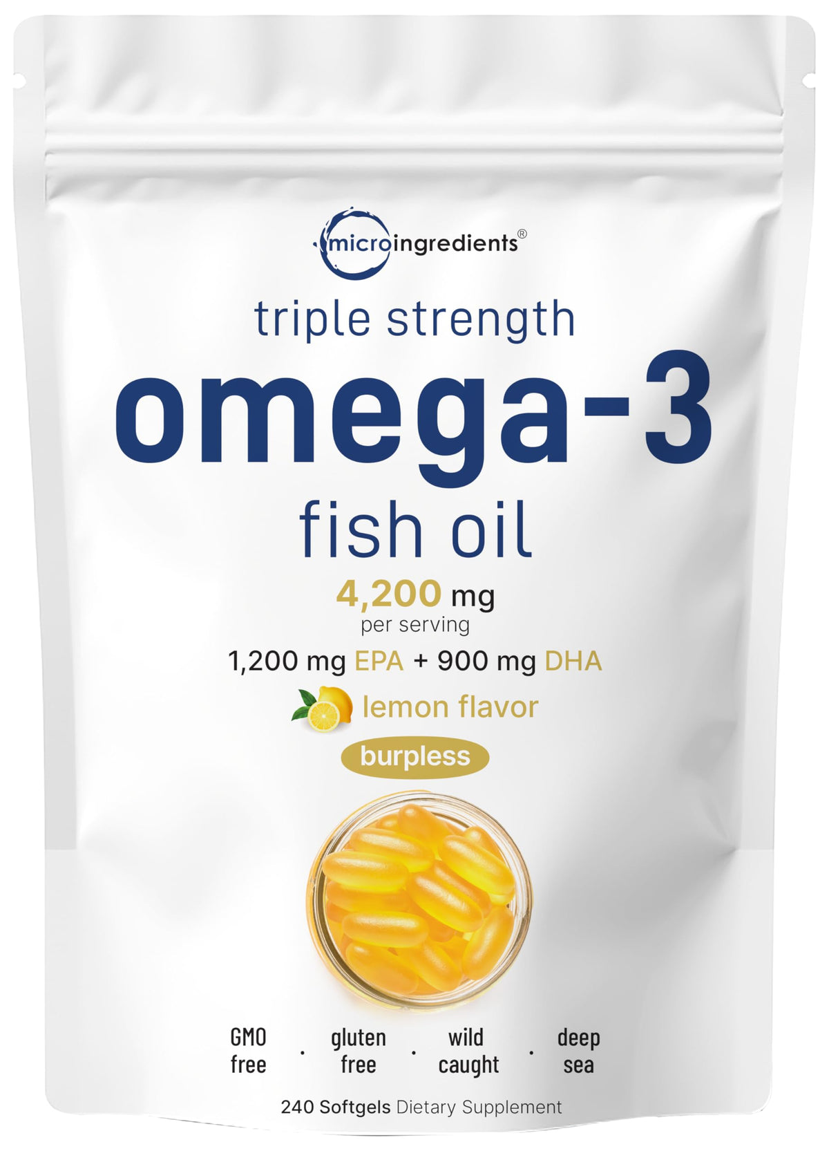 Micro Ingredients triple-strength omega-3 bottle highlighting high EPA and DHA content