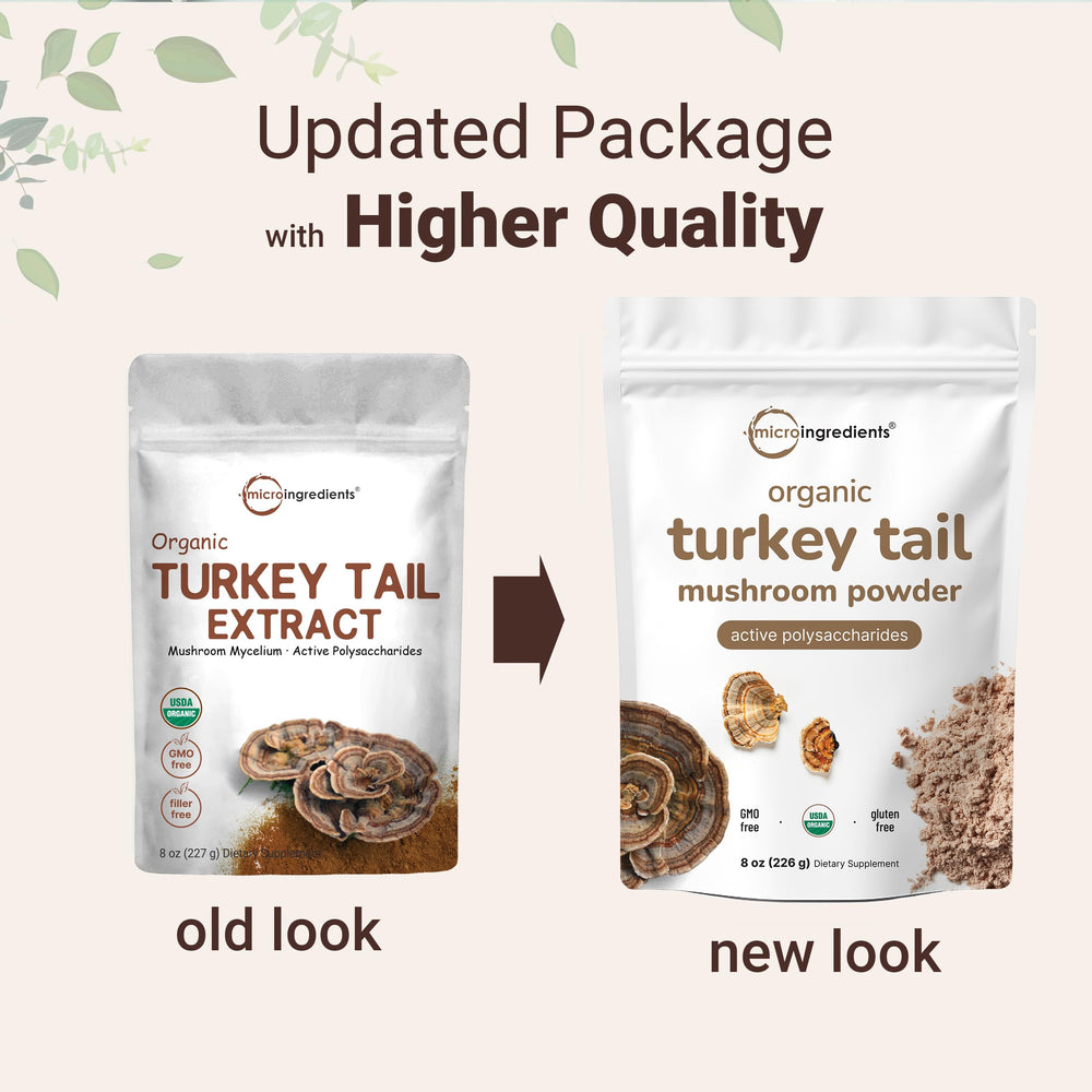 Micro Ingredients Turkey Tail Powder label closeup highlights organic 50:1 extract quality.