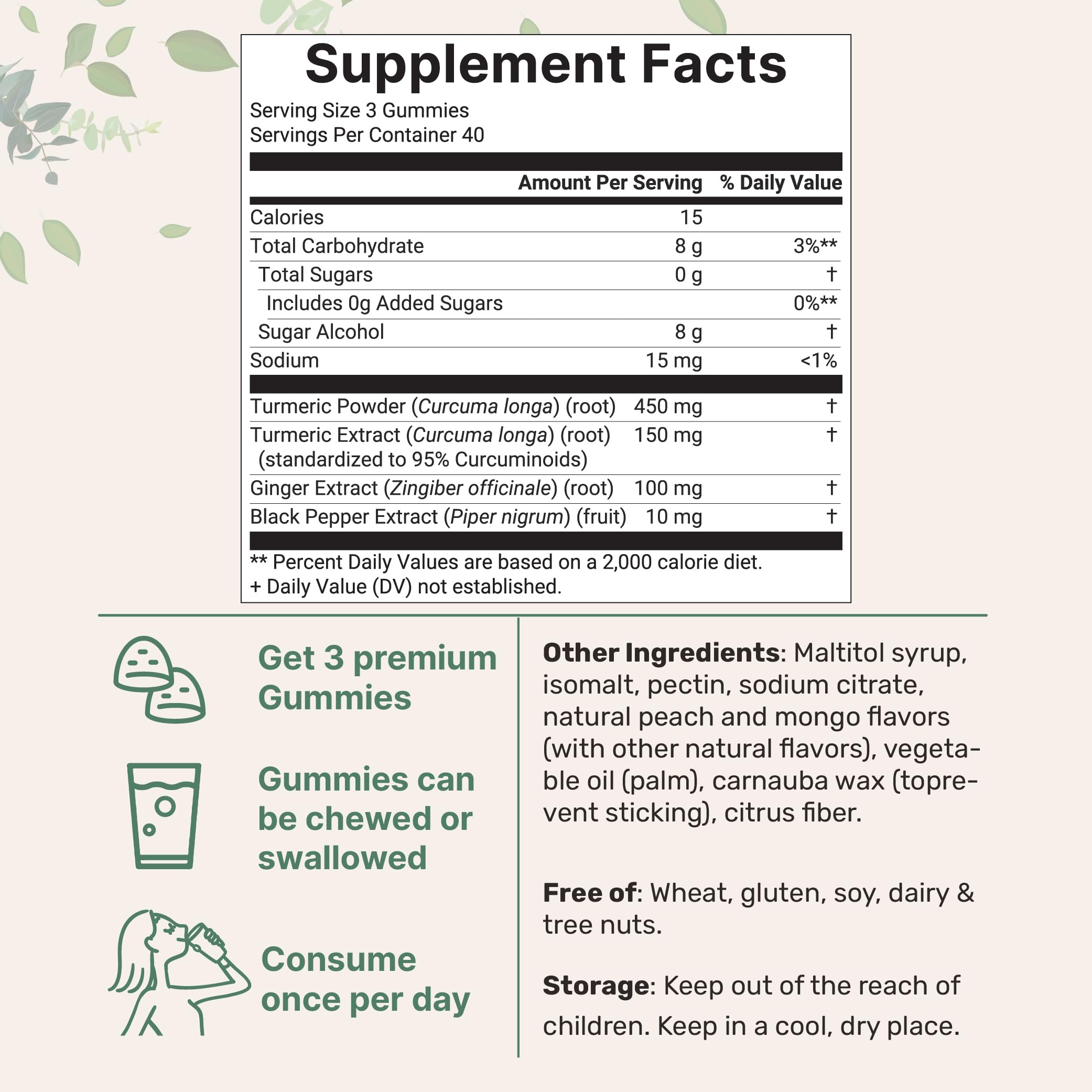 Micro Ingredients turmeric ginger gummies close-up highlighting peach mango flavor for daily enjoyment.