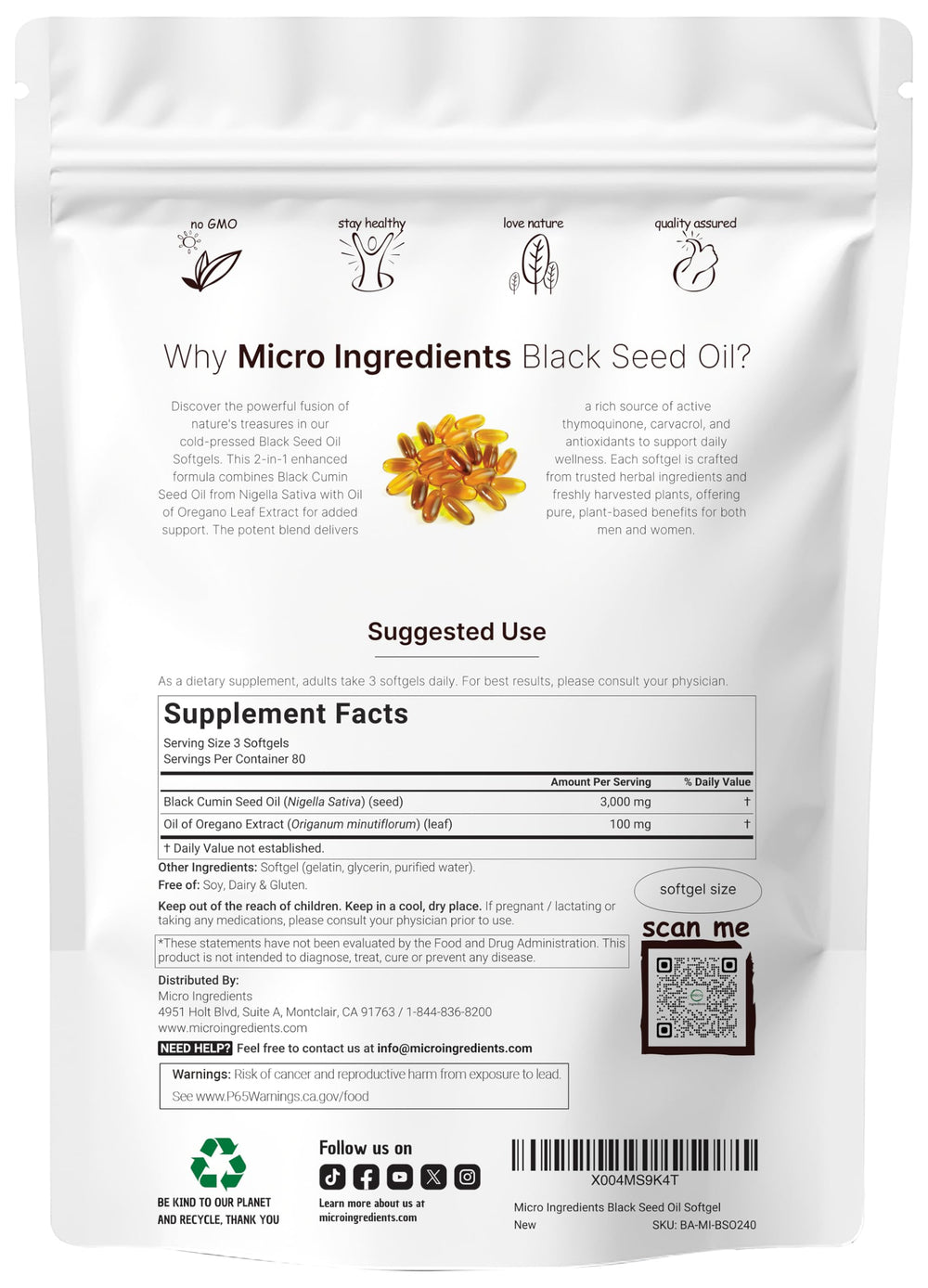 Micro Ingredients two-in-one formula label highlights oregano and thymoquinone for antioxidant support.
