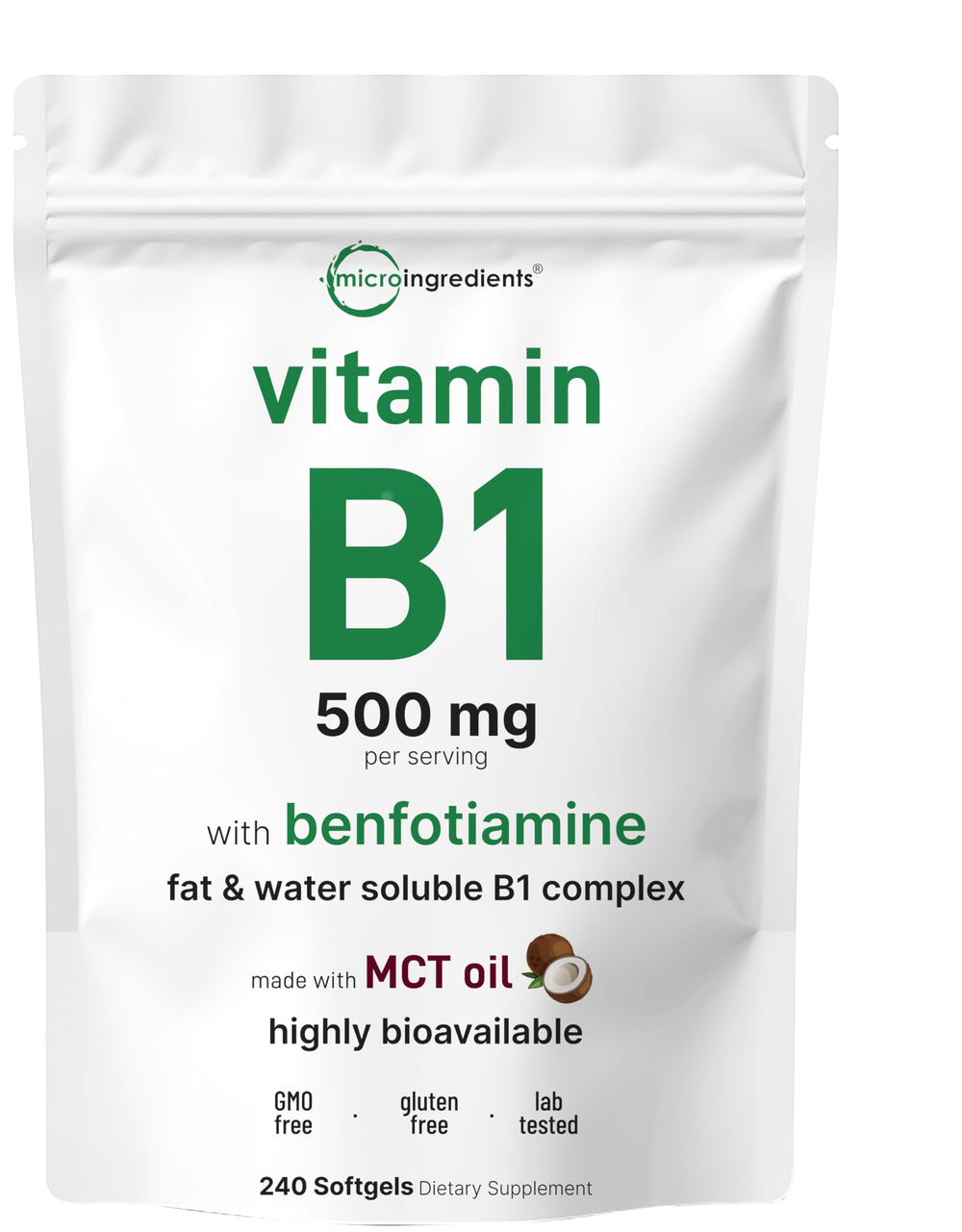 Micro Ingredients Vitamin B1 thiamine softgels bottle for daily energy support.