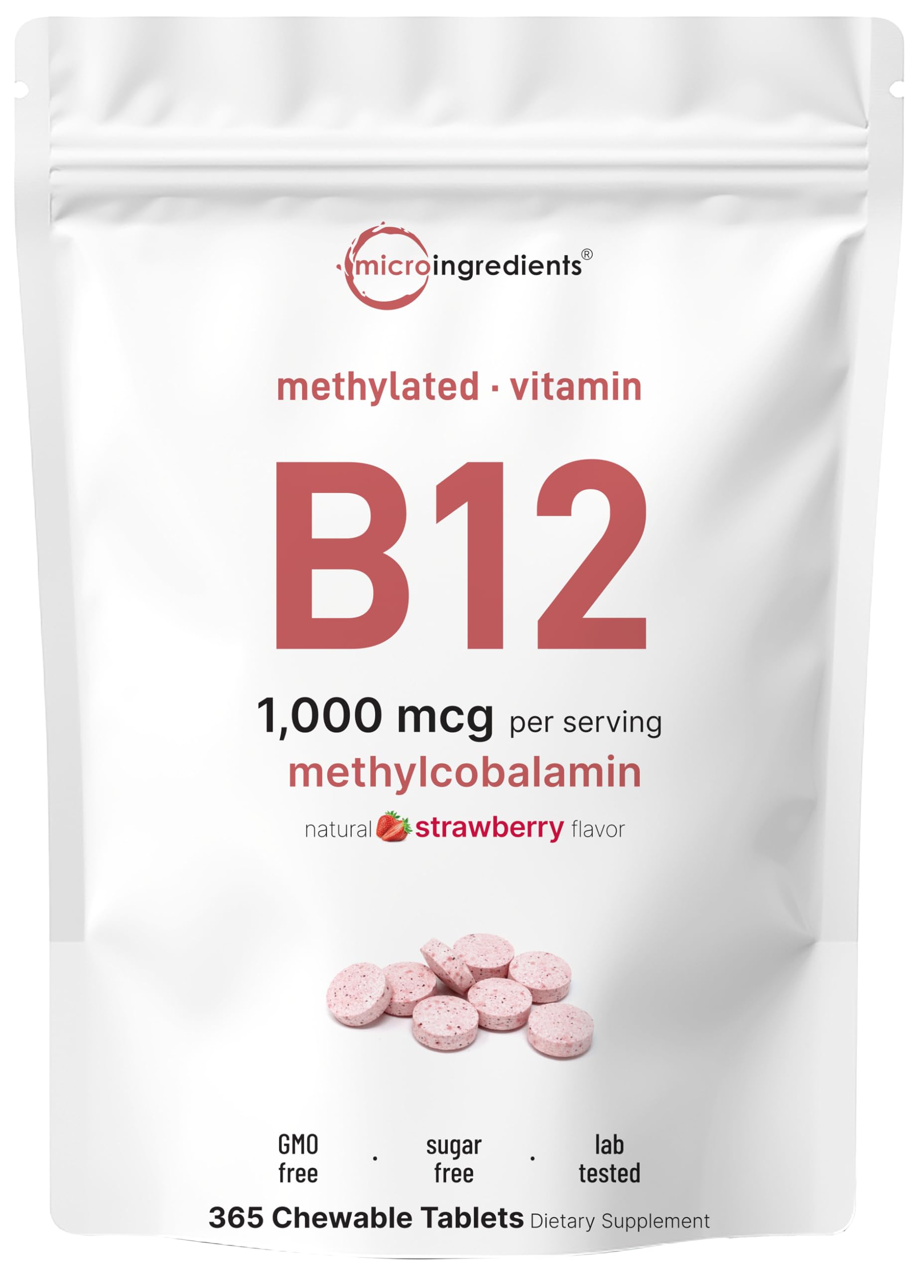 Micro Ingredients Vitamin B12 chewable bottle shows fast-dissolve strawberry flavor