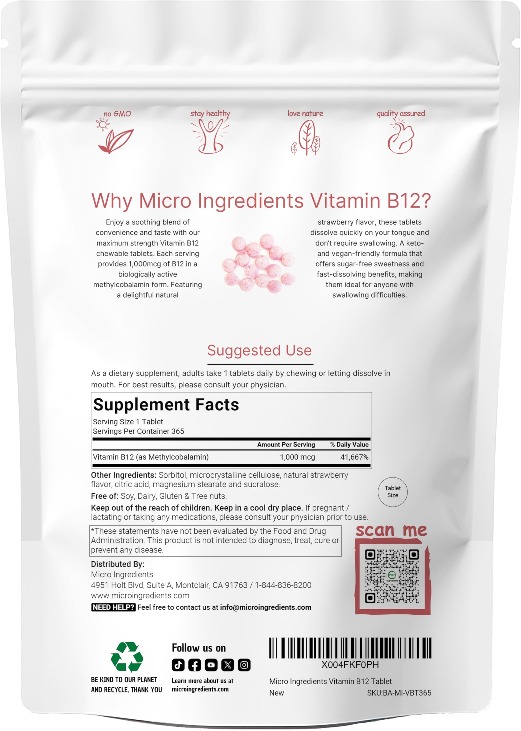 Close-up of Micro Ingredients Vitamin B12 methylcobalamin label vegan gluten-free