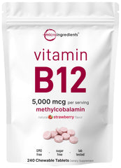 Micro Ingredients Vitamin B12 chewable strawberry tablet with fast-dissolve texture for easy daily use.